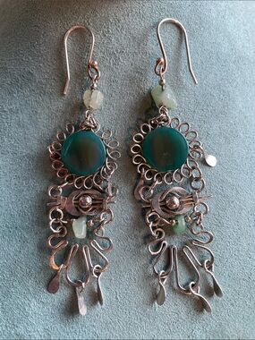 Artisan Green Agate Chandelier Earrings Handmade Wirework Statement Dangles